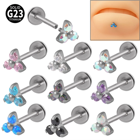 Solid G23 Titanium Labret Stud Lip Ring Internally Threaded Cubic Zirconia Synthetic Opal Triangle Cluster Piercing