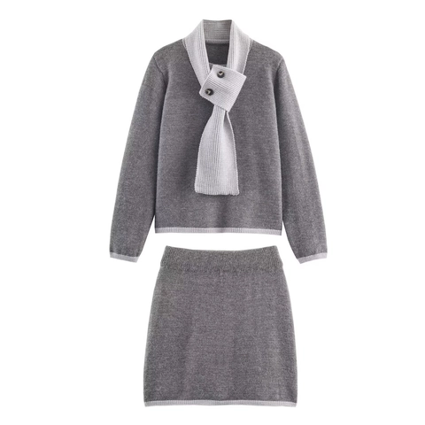 Elegante Gebreide Rok Top En Onderkant Lange Mouwen Sjaalkraag Contrastbies Knoop Casual Koreaanse Mode Voor Dames