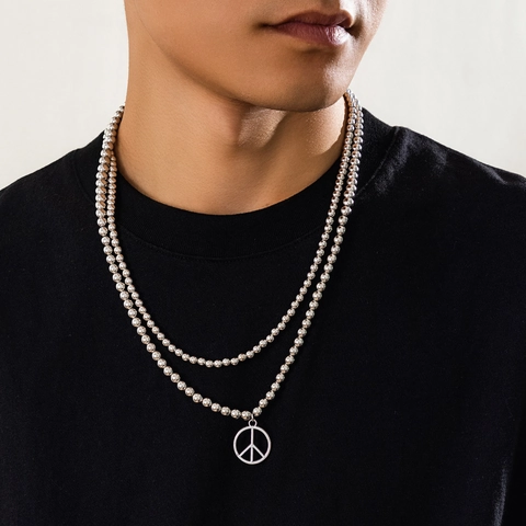Men Double Layer Bead Chain Necklace Alloy Silver Color Peace Sign Pendant Hip Hop Fashion Jewelry