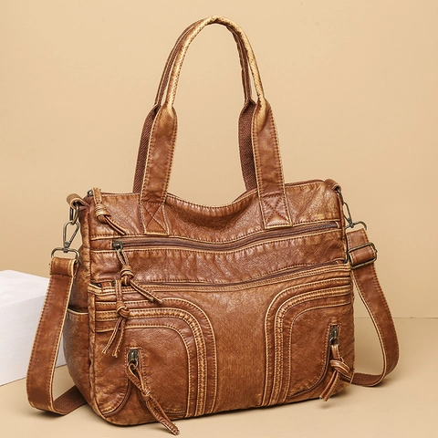 Vintage Shoulder Bag Women Large Capacity PU Leather Multi Pocket Retro Handbag Crossbody Commuter Casual Tote With Strap