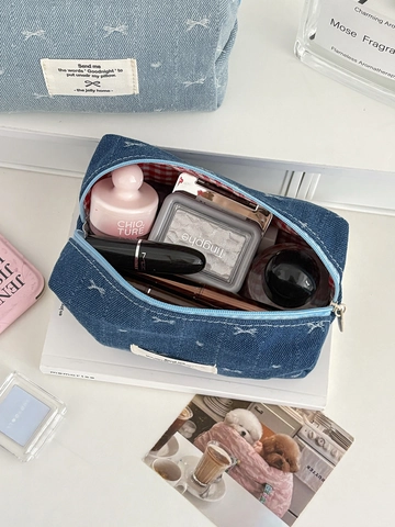 Denim Kosmetiktasche Schleifenmuster Makeup Aufbewahrungsbeutel Reise Toilettenartikel Etui Reißverschluss Organizer Für Damen