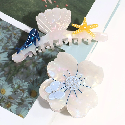 Acetate Hair Claw Clip Shell Whale Starfish Flower Butterfly Rhinestone Shark Hairclip Sweet Styling Accessories Women