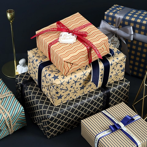 Double Sided Kraft Gift Wrapping Paper Geometric Stripes Nautical Starfish Pattern For Birthday Holiday Gift Wrap DIY