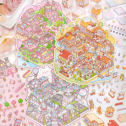 Miniatur Landschaft Aufkleber PET Wasserdichtes Papier Cartoon Katzenstadt Kawaii Japanisch Journal Scrapbook DIY Deko Material