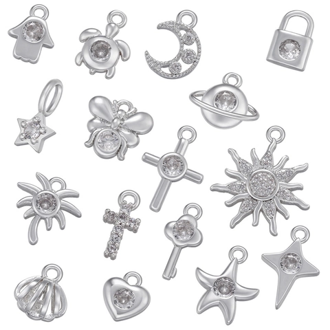 Ciondoli Mini Ottone Zirconia Cubica Stella Luna Croce Cuore Chiave Pianeta Conchiglia Ape DIY Creazione Gioielli