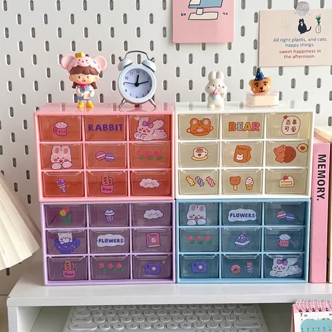 Kawaii Desktop Drawer Organizer Plastic Storage Box Dustproof Nine Grid Stackable For Stationery Jewelry Cosmetics Student
