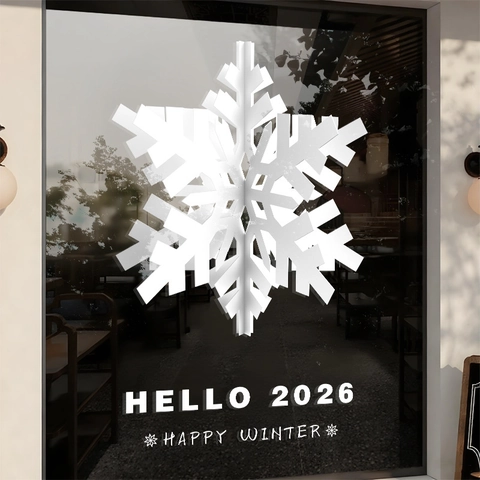 Christmas Snowflake Window Stickers PVC Static Cling 3D Visual Winter Glass Door Decals Hello 2026 Happy Winter Decor