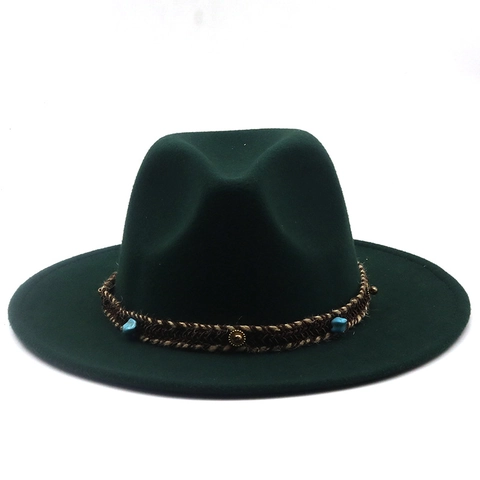 Wide Brim Fedora Hat Wool Felt Ethnic Bohemian Tribal Band Turquoise Rivets Jazz Panama Sun Hat Unisex