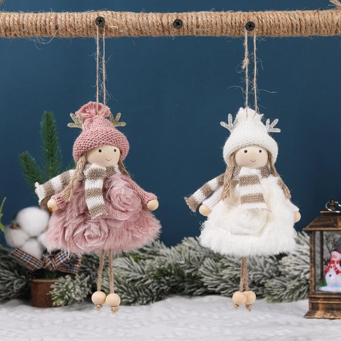 Angelo Di Natale Bambola Decorazione Appendere Legno Maglia Peluche Cappello Corna Sciarpa Righe Gonna Rose Albero