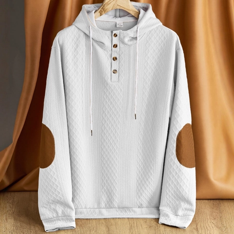 Herren Waffelstrick Kapuzenpullover Langarm Henley Knopfleiste Tunnelzug Lässiges Sweatshirt Mit Ellbogenflicken