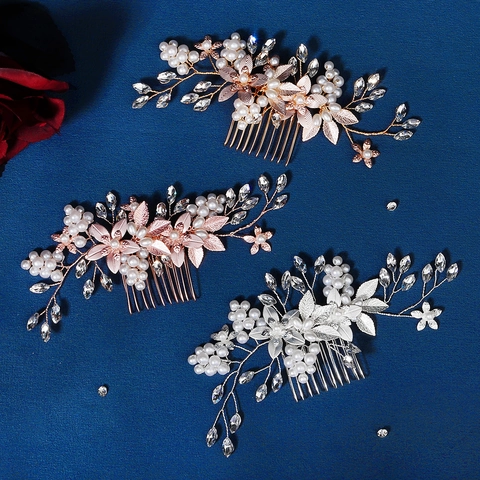 Elegant Bridal Hair Comb Handmade Flower Leaf Alloy Rhinestone Imitation Artificial Pearl Wedding Hairpin Accessory For Women