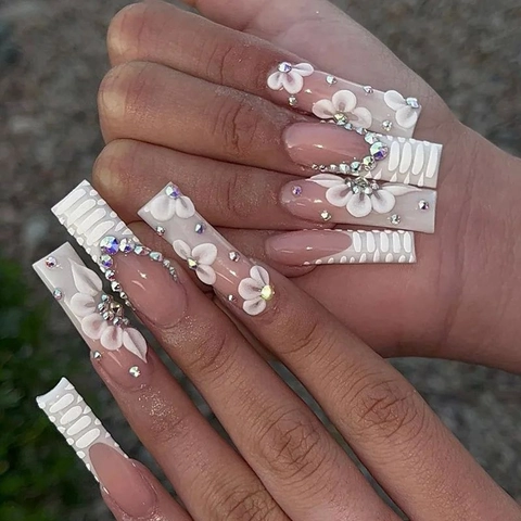 Long Coffin Press On Nägel Mit 3D Blumen Strass Und Schlangenmuster Rosa Farbverlauf Ballerina Falsche Nägel