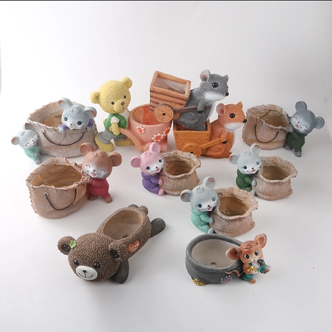 Maceta De Resina Con Animales De Dibujos Animados Jardinera De Suculentas Con Carrito Bolsa Decoración De Escritorio Pastoral Oso Conejo