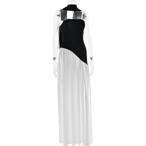 Vestito Maxi Schiena Scoperta Sexy Color Block Patchwork Spalle Scoperte Spacco Poliestere Raso Di Latte Donne Sera