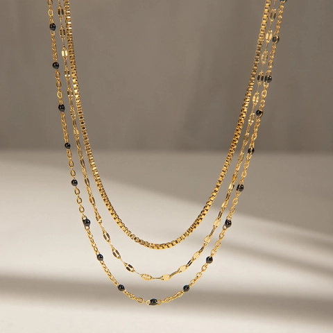Gold Plated Stainless Steel Multi Layered Necklace For Women With Black Beads Waterproof Hypoallergenic Layered Chains