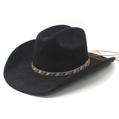Cappello Da Cowboy Western Scamosciato Tesa Larga Fascia Con Perline Etniche Nappa Retro Outdoor Uomo Donna