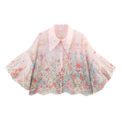 Blusa De Gasa Con Bordado Floral Para Mujer Dulce Manga Abullonada Cuello Solapa Rosa Camisa Corta