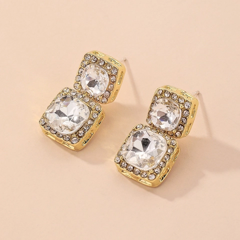 Elegant Double Square Alloy Rhinestone Stud Earrings With 925 Sterling Silver Earring Post Geometric Luxury For Women