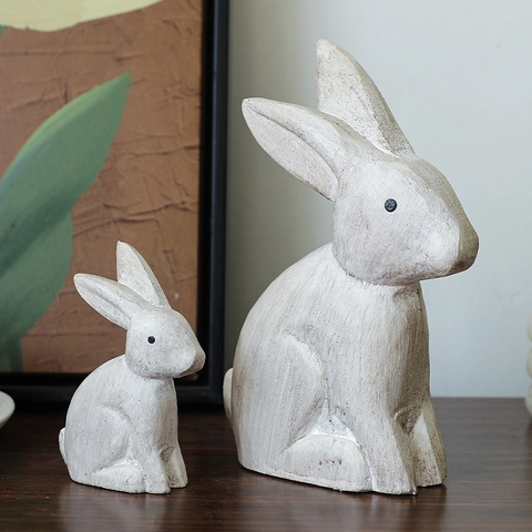 Rabbit Figurine Distressed Wood And Resin Statue For Home Desktop Decor Modern Nordic Animal Ornament