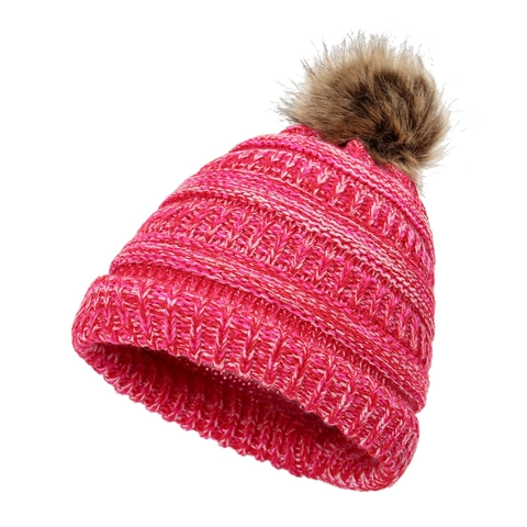 Gorro De Punto Con Pompon De Piel Sintetica Invierno Calido Acrilico Multicolor Hilo Mixto Dobladillo Exterior Para Unisex