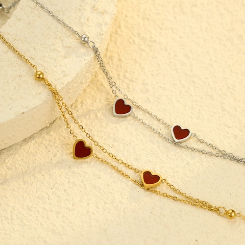 Fashion Stainless Steel Double Layer Red Heart Pendant Charm Bracelet Gold Silver Plated Enamel Jewelry For Women Daily Wear