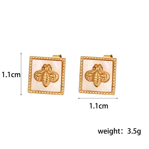 Square Bee Pendant Necklace And Earrings Stainless Steel White Mother Of Artificial Pearl Shell Vintage French Style For Women