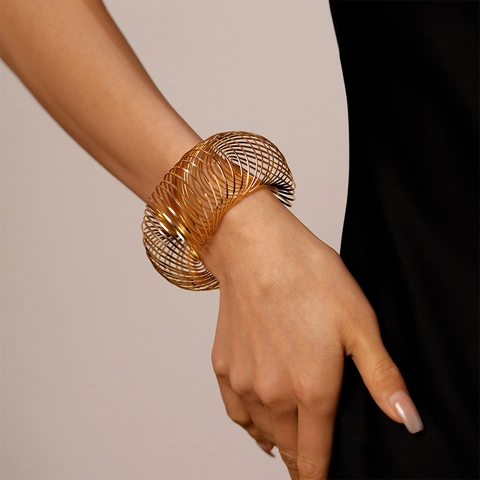 Bracciale A Polsino Con Molla A Spirale Metallo Largo Cavo Geometrico Minimalista Gioielli Di Moda Per Donna