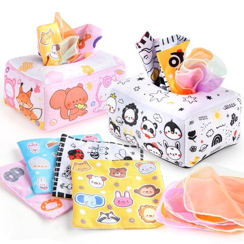 Baby Sensory Tissue Box Toy Soft Fabric Crinkle Paper Montessori Early Learning Numbers Letters Infants Toddlers Washable