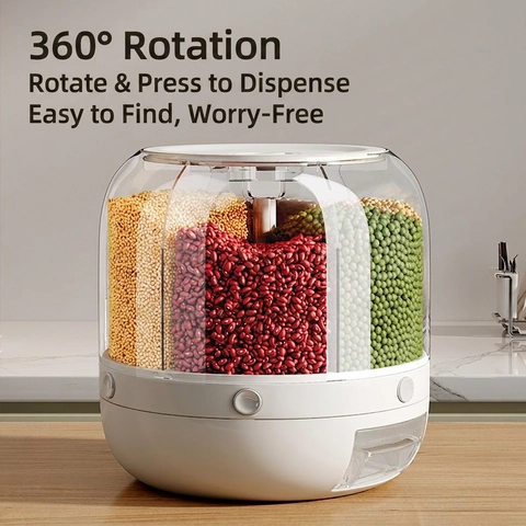 Rotating Cereal Dispenser Transparent 6 Grid Grain Storage Container Plastic Moisture Proof Kitchen Food Organizer