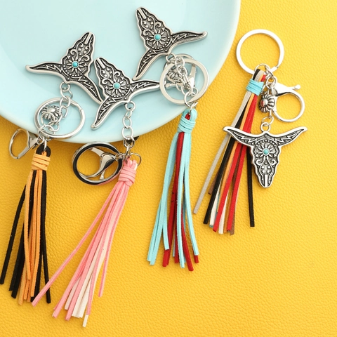 Bohemian Western Cattle Head Keychain For Women Men Retro Engraved Metal Tassel Pendant Car Key Ring Ethnic Jewelry Gift
