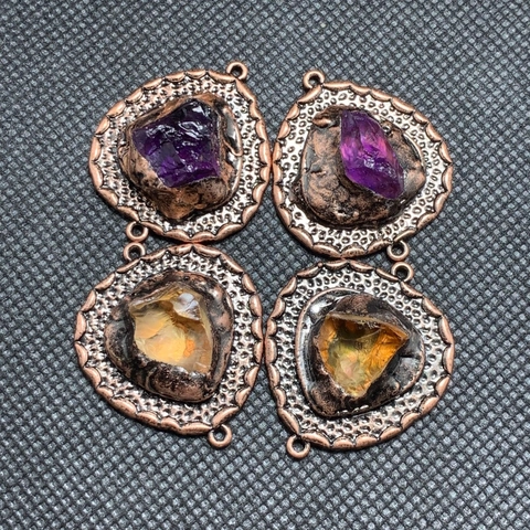 Natuurlijke Amethist Citrien Ruwe Steen Onregelmatige Handgemaakte Hanger Legering Connector Vintage Bohemian DIY Sieraden Maken