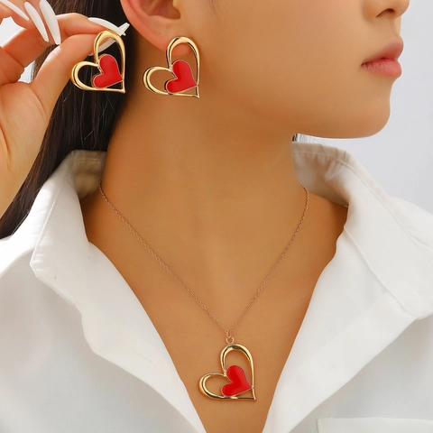 Collier Pendentif Cœur Ajouré Et Boucles d'Oreilles Bijoux Alliage Émail Plaqué Or Colliers pour Femmes Cadeau Saint Valentin Bijoux