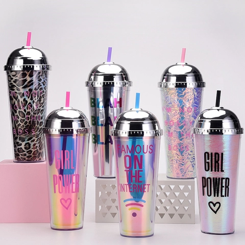 Double Layer Plastic Straw Cup Reusable Tumbler With Dome Lid Holographic Leopard Print Portable Leakproof Drinkware