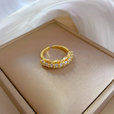 Brass Gold Plated Open Ring With Zircon Inlaid Minimalist Elegant Fashion Adjustable Finger Jewelry For Women