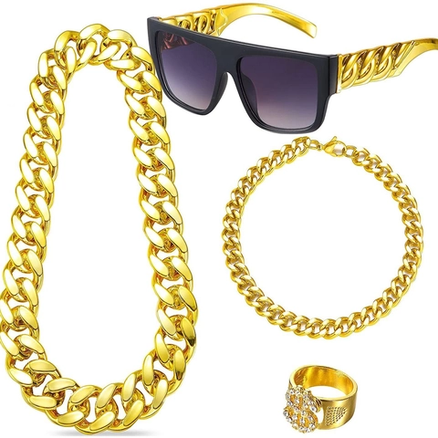 Legierung Hip Hop Schmuck Cuban Link Halskette Dollarzeichen Anhänger Sonnenbrille Ring Armband Retro Disco Party Zubehör