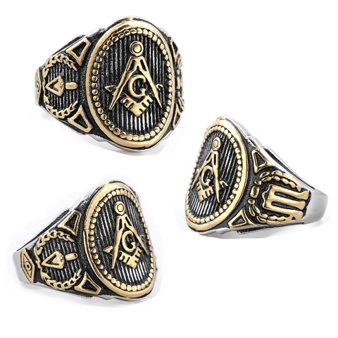 Freemasonry Signet Ring Stainless Steel Vintage Two Tone Compass Square G Symbol Retro Punk Men