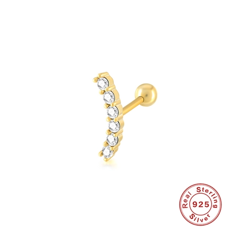 925 Sterling Silver Curved Row Zircon Stud Earrings Screw Ball Back Piercing Minimalist Trendy Jewelry For Women