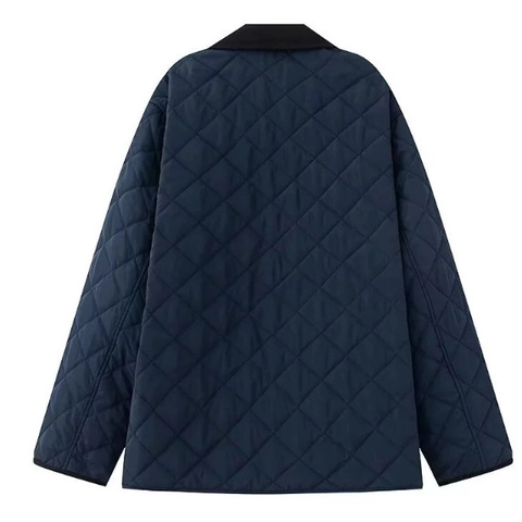 Damen Steppjacke Kontrast Cordkragen Lässig Locker Langarm Wattierte Oberbekleidung Mit Metallknöpfen Taschen