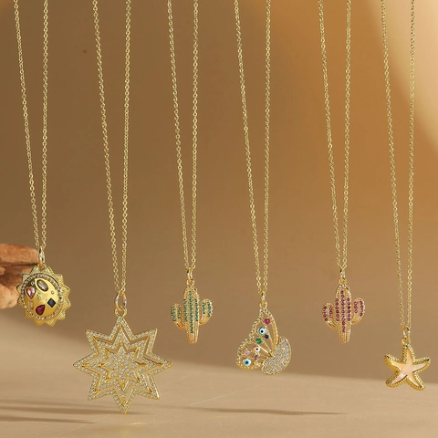 Collar Con Colgante De Cobre Chapado En Oro Circonita De Color Cactus Estrella Sol Mariposa Mal De Ojo Estrella De Mar Joyería Regalo Mujer