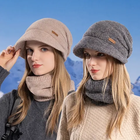 Damen Winter Strickmütze Und Schal Set Fleece Gefüttert Warm Winddicht Beanie Mit Schirm Dick Weich Outdoor Mode Accessoire