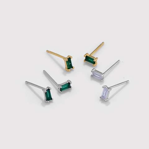 Orecchini a Bottone in Argento Sterling 925 Zirconia per Donna Orecchini Minimalisti Rettangolari con Gemme Verde Smeraldo