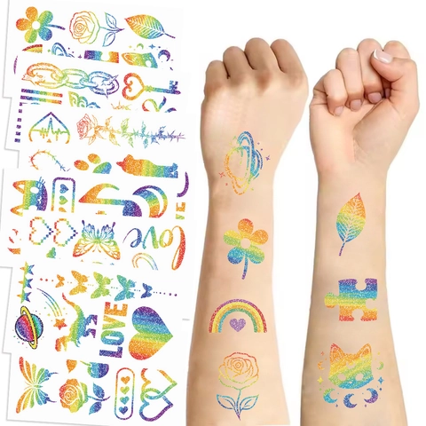 Colorful Rainbow Glitter Temporary Tattoos Waterproof Cartoon Butterfly Heart Fake Tattoo Stickers For Kids Party Favors Body Art Decor