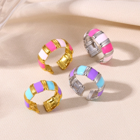 Anello Regolabile Aperto Acciaio Inossidabile Placcato Oro 18K Smalto Colorato Geometrico Rigato Gioielli Tendenza