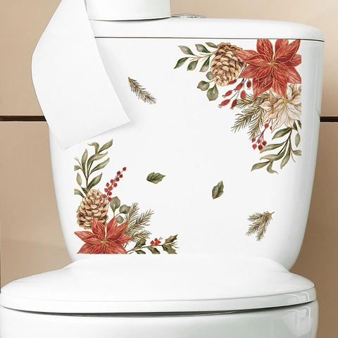 Stickers Noël Abattant WC PVC Amovible Autocollant Poinsettia Pomme De Pin Décoration Salle De Bain