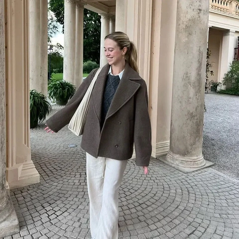 Women Short Woolen Feel Jacket Double Breasted Lapel Collar Long Sleeve Oversized Solid Color Retro Elegant Coat