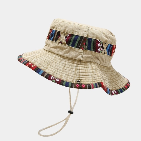 Bucket Hat Gewaschene Baumwolle Canvas Ethno Webband Retro Outdoor Angeln Wandern Sonnenschutz Für Damen Herren