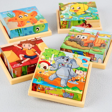 Wooden 3D Cube Puzzle Multi Sided Block Toys Educational Cognitive Logic Training For Toddlers Animals Vehicles Ocean