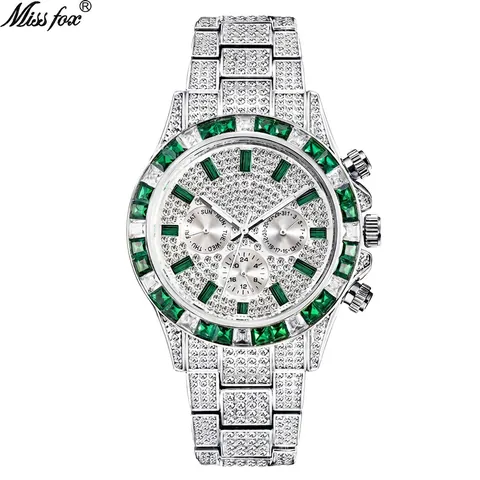 Men Luxury Quartz Watch Iced Out Full Diamond Rainbow Bezel Hip Hop Fashion Wristwatch Stainless Steel Waterproof Luminous