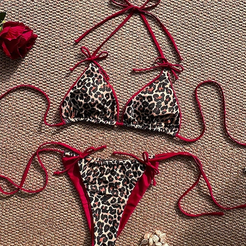 Halter Neck Leopard Print Bikini Sexy Women Two Part Swimwear Side Tie Beach Bathing Suit Animal Pattern Patchwork