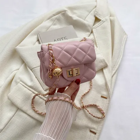 Mini Quilted Crossbody Bag Women PU Leather Small Square Shoulder Handbag Adjustable Golden Ball Chain Strap Turn Lock